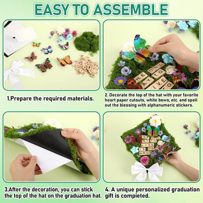 49 Pcs Spring Garden Theme DIY Graduation Cap Decor Faux Assorted Flowers White Bows 3D Butterfly Stickers Artificial Moss Crafts Alphabet Tiles for DIY Hat Grad Cap Topper Graduation Party Supplies