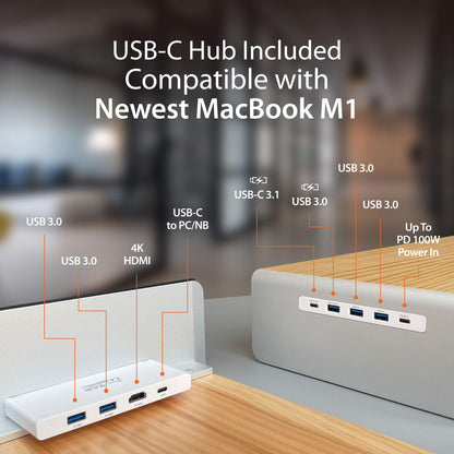 j5create Wooden Monitor Stand with USB Type C/HDMI Docking Station - USB 3.1 C to C Cable Included - Handmade Wood Panel with Aluminum Riser for Computer Screens, Laptops, TV