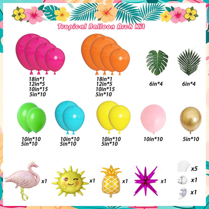 Flamingo Tropical Luau Balloon Arch Garland Kit, Hot Pink Green Yellow Blue Orange Gold Hawaiian Flamingo Pineapple Foil Balloons, Palm Leaves for Summer Beach Aloha Pool Birthday Party Decorations