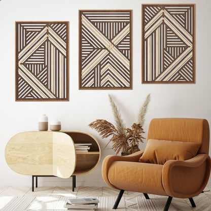 CHDITB Boho Geometric Wood Wall Art(Set of 3, 16"x24"), Large Modern Wooden Panel Hollow Line Art Decor, Rustic Abstract Minimalist Wall Hanging Artwork for Bedroom Living Room Office