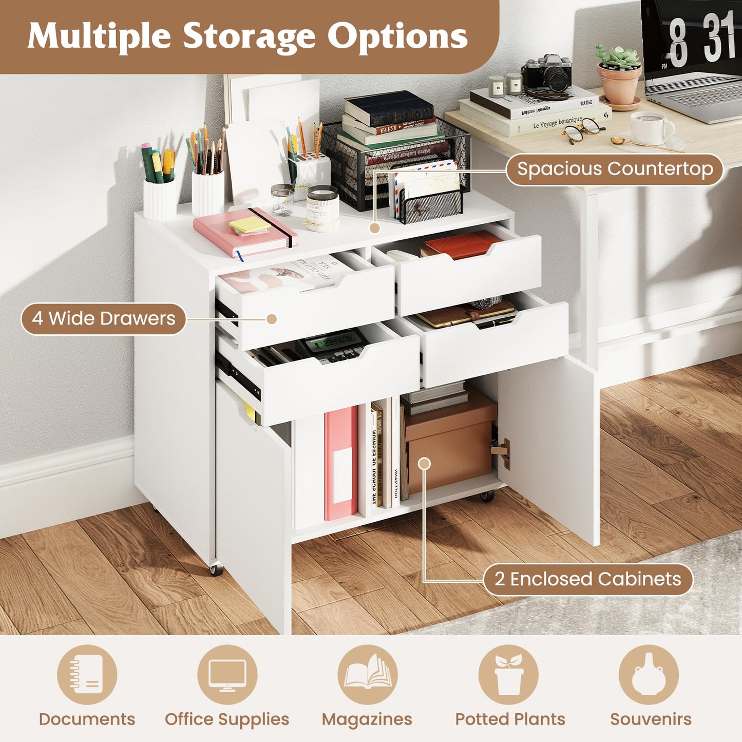 Giantex 4-Drawer File Cabinet, Rolling Printer Stand with 2 Lockable Wheels, Wooden Lateral Filing Cabinet, Load 298 Lbs, Under Desk Craft Storage Organizer for Home Office Organization (White)