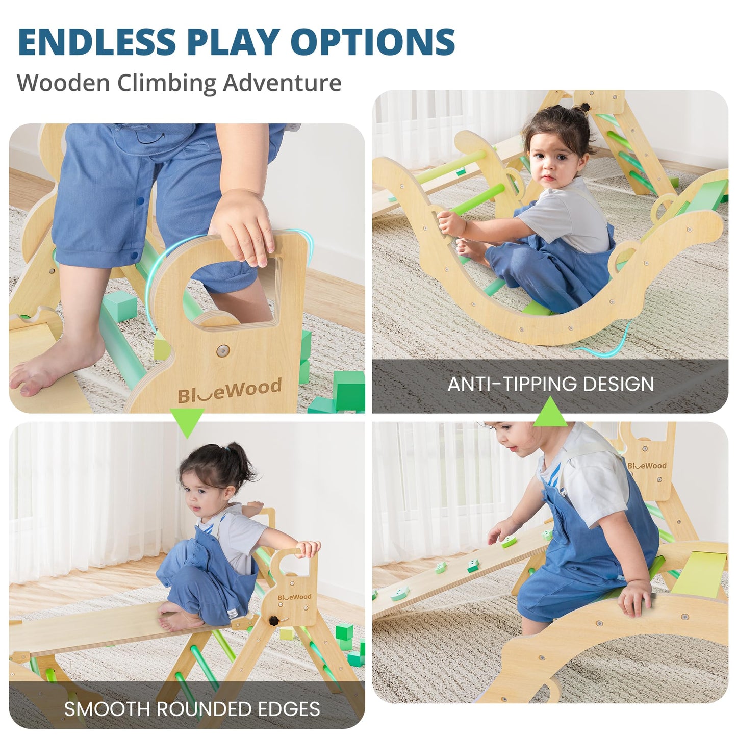 BlueWood Pikler Triangle Set, Toddler Wooden Climbing Toys Indoor 7in1 Foldable Climber for Kids, Montessori Philosophy Play Jungle Gym with Arch, Ramp, Ladder (Green Summer)