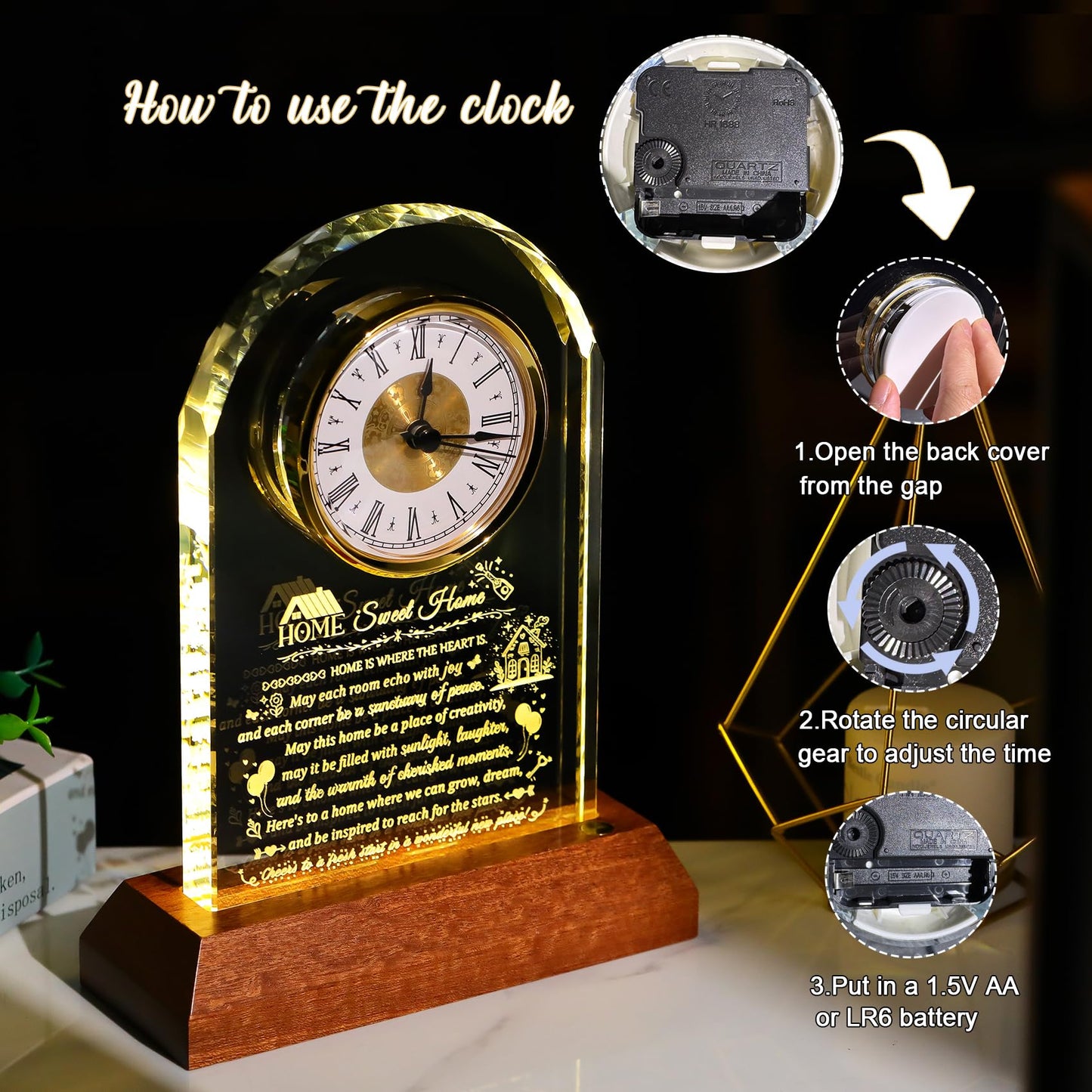 Arikyrist House Warming Gifts Glass Clock with Wooden LED Light Base for Women Men Unique New Home Gift Ideas Crystal House Warming Gifts for Couples Family Home Blessing Keepsakes Tabletop Decor