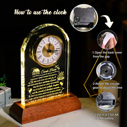 Arikyrist House Warming Gifts Glass Clock with Wooden LED Light Base for Women Men Unique New Home Gift Ideas Crystal House Warming Gifts for Couples Family Home Blessing Keepsakes Tabletop Decor