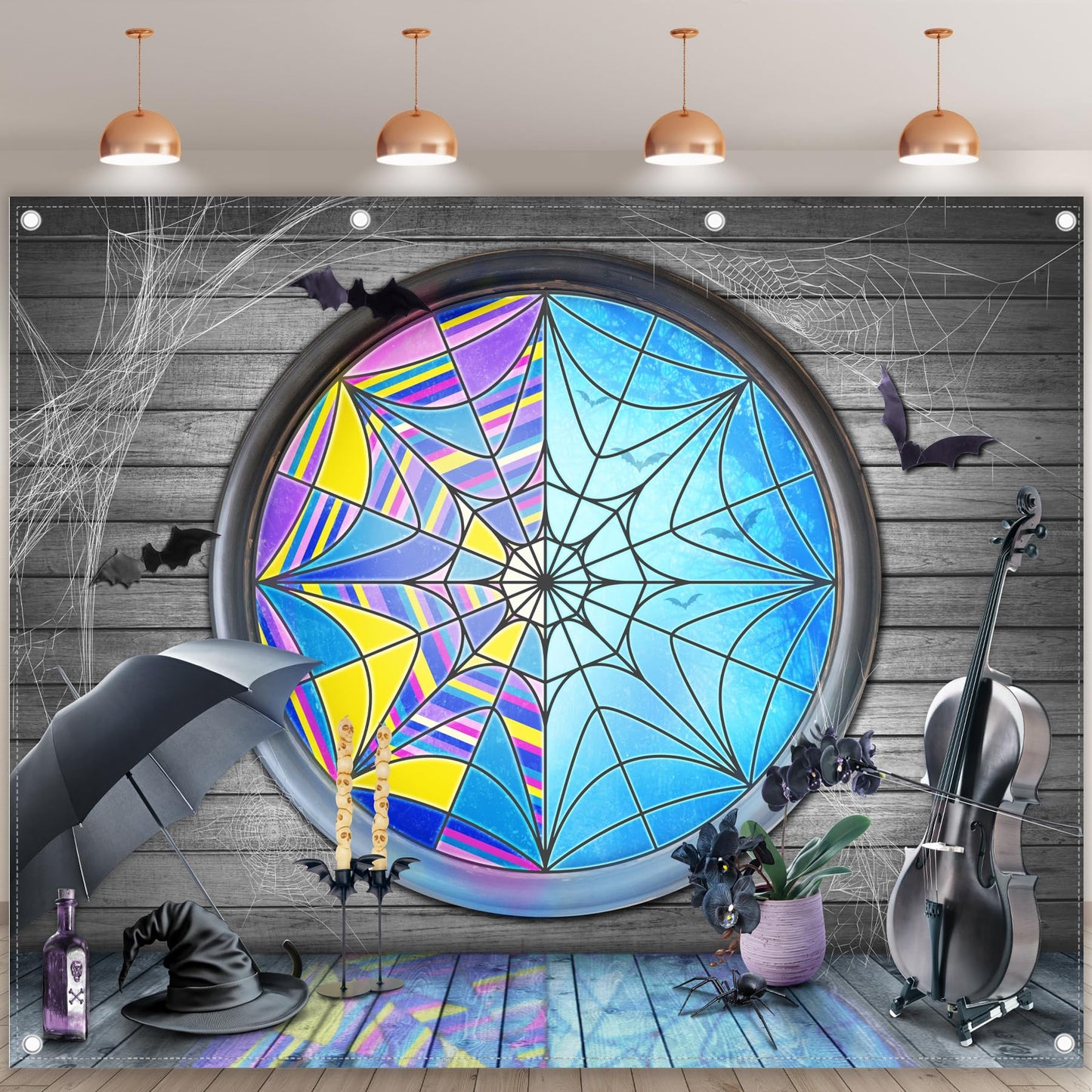 Yriujul Fabric 10x8ft Halloween Spider Web Window Photography Backdrop Horror Gothic Moon Night Bats Wooden Floor Background Kids Boys Girls Party Decorations Photo Props