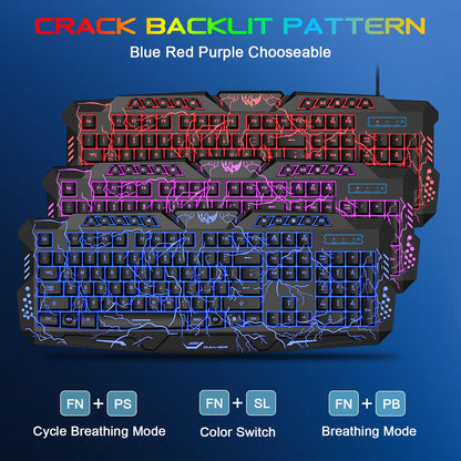 BlueFinger Gaming Keyboard and Mouse,USB Wired Backlit Gaming Mouse and Keyboard Combo,Letters Glow, 3 Color Crack Backlit,Illumination Keyboard and Mouse Set for Game and Work