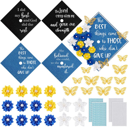 Dunzoom 36 Pcs DIY Graduation Cap Decorations Accessory Kit Artificial Flowers Inspirational Cardstock 3D Butterfly Stickers Rhinestone Stickers for DIY Hat Grad Cap Topper Graduation Party(Blue)