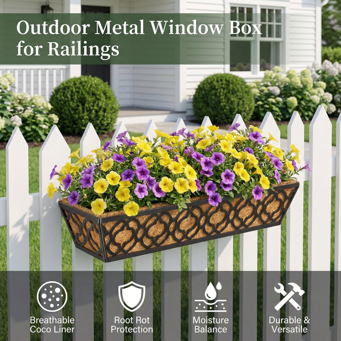 HFHOME 2 Pcs 30" Deck Railing Planter Box with Horse Trough Coco Liners, Black Window Box Metal Hanging Flower Planters Baskets for Indoor, Outdoor, Balcony, Porch, Fence, Patio, and Lawn