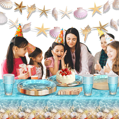 Seashell Party Supplies Ocean Beach Party Supplies Tableware with Seashell Beach Paper Plates Napkins Cups Tablecloth Banner for Summer Hawaiian Birthday Decorations, Serves 24