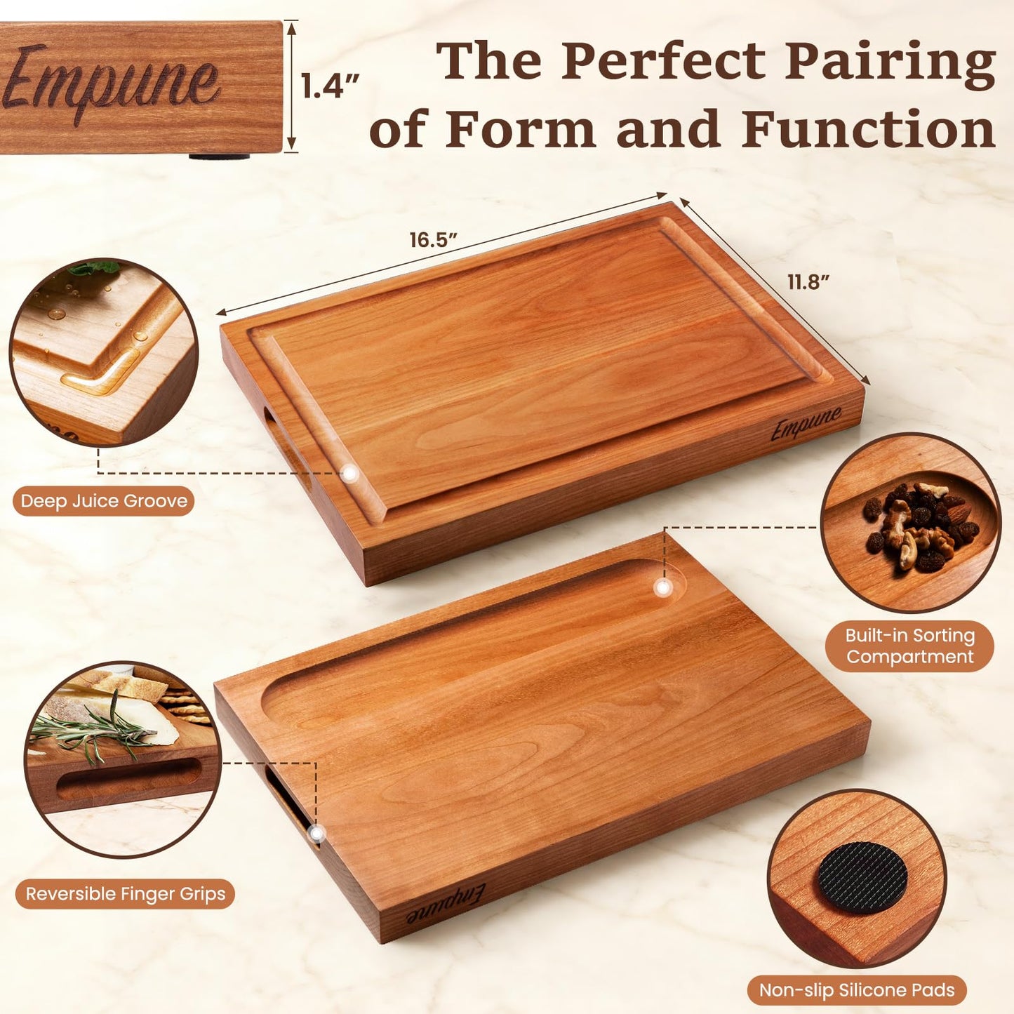 Empune Cherry Wood Cutting Boards for Kitchen Wooden Cutting Board with Handle, Chopping Board with Built-in Juice Groove & Well, Heavy-duty Charcuterie Board Butcher Block, 16.5x11.8x1.4 Inches