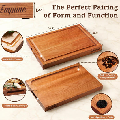 Empune Cherry Wood Cutting Boards for Kitchen Wooden Cutting Board with Handle, Chopping Board with Built-in Juice Groove & Well, Heavy-duty Charcuterie Board Butcher Block, 16.5x11.8x1.4 Inches
