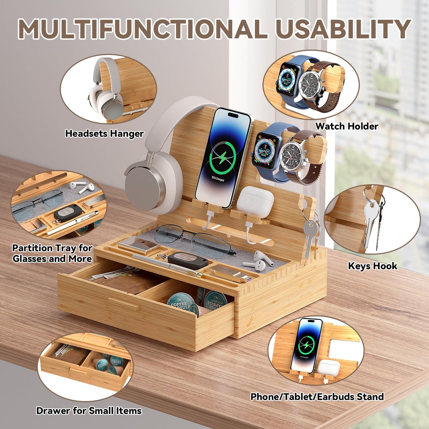 Pezin & Hulin Wooden Charging Station, Bedside Nightstand Tray, with Spacious Drawer, Felt Pads for Phones, Watch, Idea Gifts for Him Birthday, Son, Christmas for Papa Fathers Day (Nature)