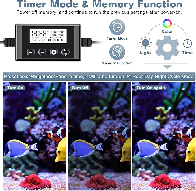 LED Aquarium Light Full Spectrum Fish Tank Light with RGB Brightness/Color Stepless Adjustment, 24/7 Day-Night Cycle Mode, Auto On/Off Timer, IP68 Waterproof (18W for 18'' - 24'' Tank)
