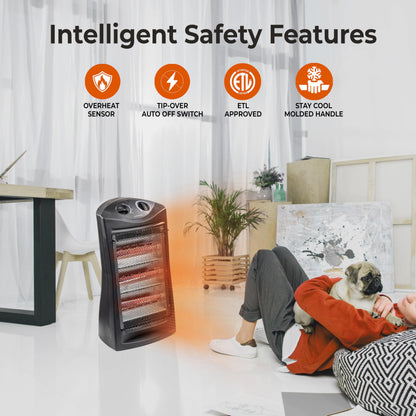 Comfort Zone Space Heaters for Indoor Use, Portable Electric Heater, Adjustable Thermostat, Infrared Heat, Quartz Tower Space Heater with 2 Heat Settings, Bedroom Heater, Black