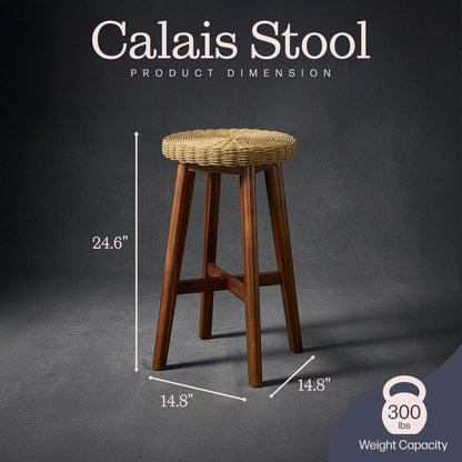 Alaterre Furniture Calais Round Bar Stool with Woven Seat - 24in Counter Height Bar Stools Backless for Kitchen, Bar or Dining Room - Wooden Barstool (Chestnut Finish)