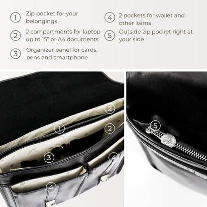 Time Resistance Leather Briefcase for Men Handcrafted in Italy Full Grain Messenger Bag for Laptop