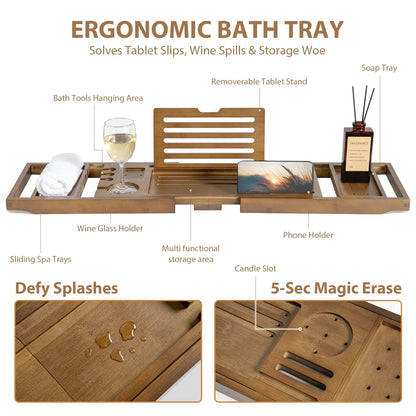 Realgulf Bamboo Bathtub Tray Caddy - Splash-Proof Adjustable (28.5-40") with Wine Holder, Tablet Stand & Non-Slip Grip | Spa-Grade Organizer for Bath Essentials & Reading- Walnut