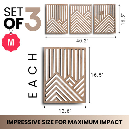 qmmp Modern Wooden Wall Sculptures - Set of 3 - Home Decor Accent - Large Wall Art for Living Room, Bedroom, Office - Easy Installation (Oak, Medium - Mountain and Sun)