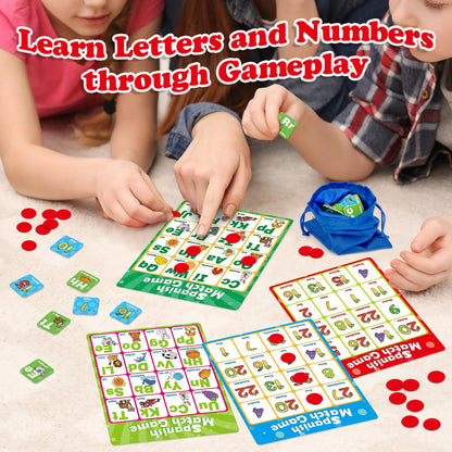 Quilinz Spanish Alphabet Bingo Games,Letter/Number/Sight Word for Kindergarten,ABC and 123 Bingo Board Match Games for Kids 4-6,Learn Spanish Flash Cards,Toddler Educational Toys