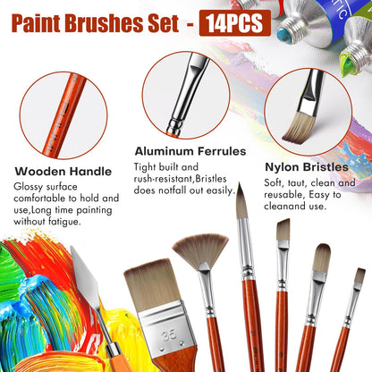 14pcs Acrylic Paint Brushes, Professional Synthetic Bristles Paint Brush Set with Extra Palette Knife - Flat, Filbert, Fan, Dagger, Round, Angle, Rigger Paint Brushes for Oil, Acrylic Canvas Paintings