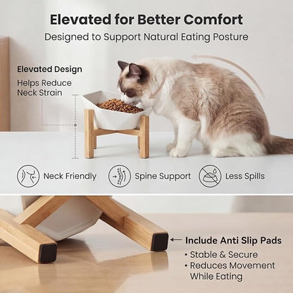 Ceramic Tilted Raised Cat Bowl - Elevated Food Bowl for Indoor Cats & Small Dogs - Shallow Wide Whisker-Friendly Design - Pet Dish Suitable for Feeding Dry, Wet, Treats & Canned Food - White