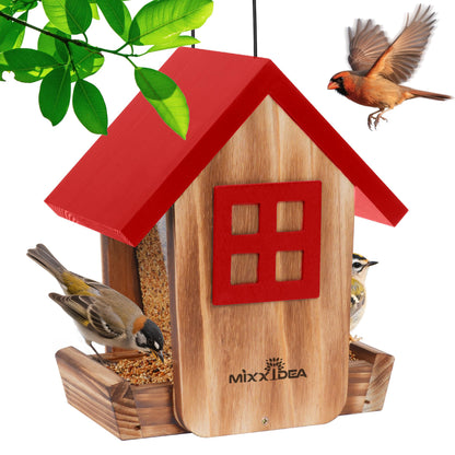MIXXIDEA Bird Feeder for Outdoors Hanging, Wooden Bird Feeder House with Weatherproof Roof & Metal Tray, Attracting Wild Birds for Outside, Yard, Garden Decoration, Red