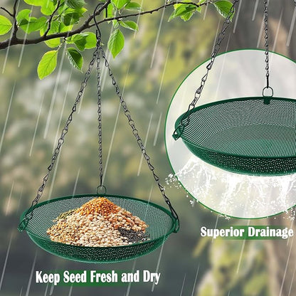 Hanging Bird Feeder for Outdoors – 12 in Platform Bird Feeder, Metal Mesh Seed Tray for Wild Birds, Green