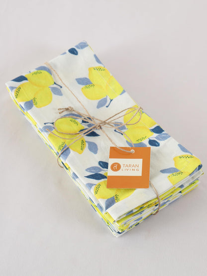 TARAN LIVING Printed Cotton Cloth Napkins Fall Dinner Napkin Set Reusable Machine Washable Fabric for Gifting, House Party Events, Home Decor, Craft - 18"x18" - Set of 4 - Lemon Print