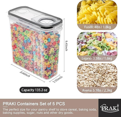 PRAKI 5PCS Cereal Containers Storage Set, BPA Free Airtight Food Storage
