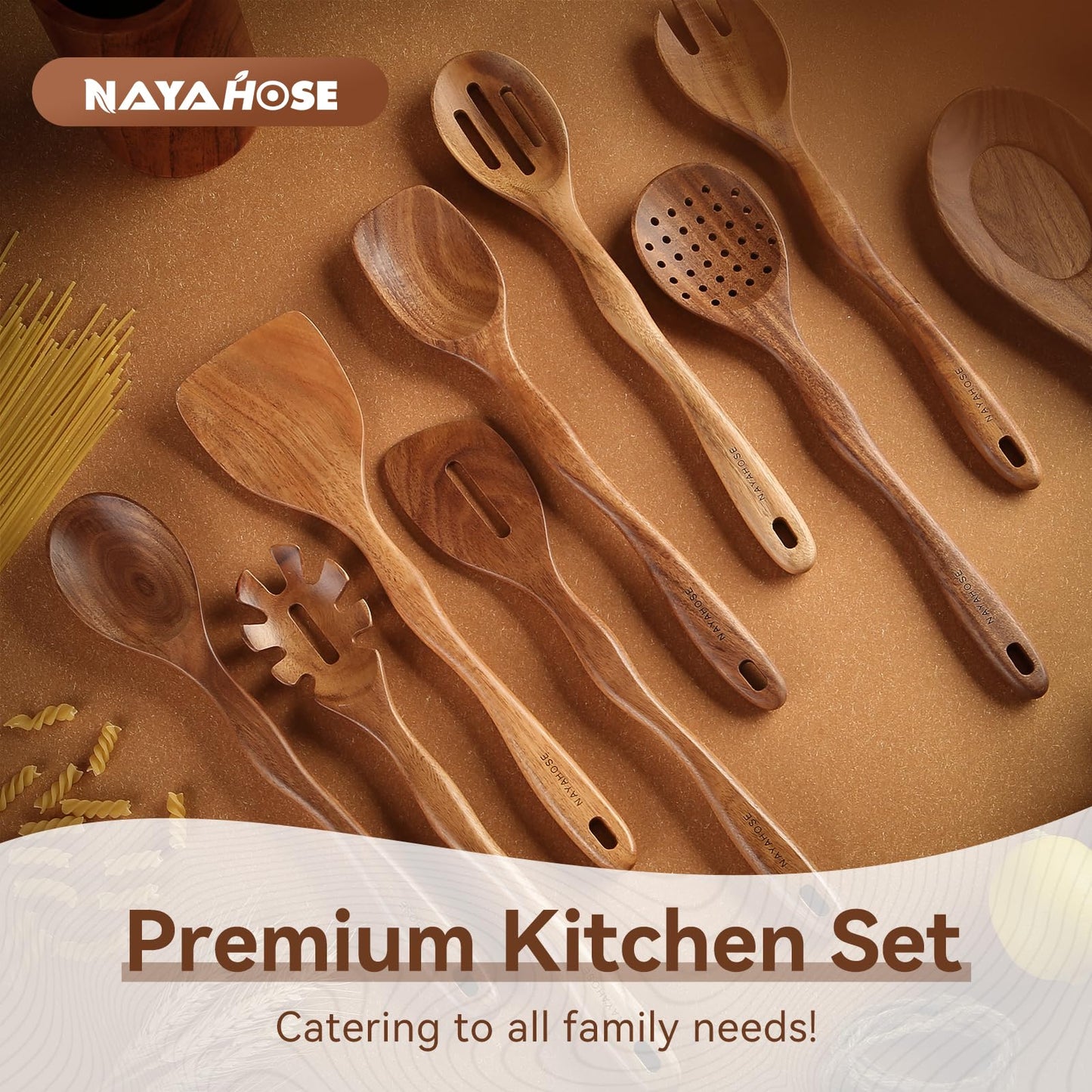 NAYAHOSE Kitchen 10PCS Teak Wooden Utensil Set with Holder and Spoon Rest