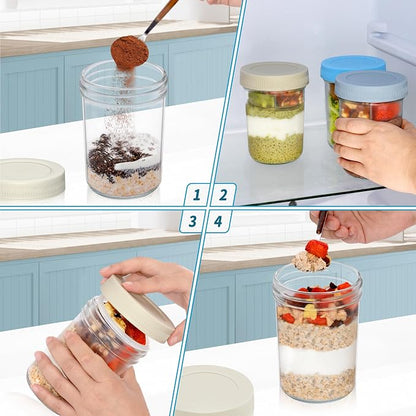 Xyptorix 16 oz Overnight Oats Containers with Airtight Lids - 2-Pack Leak-Proof Wide Mouth Mason Jars & Divided Cups for Dried and Wet Foods, Glass Jars for Chia Pudding, Salad, Snacks, and Yogurt