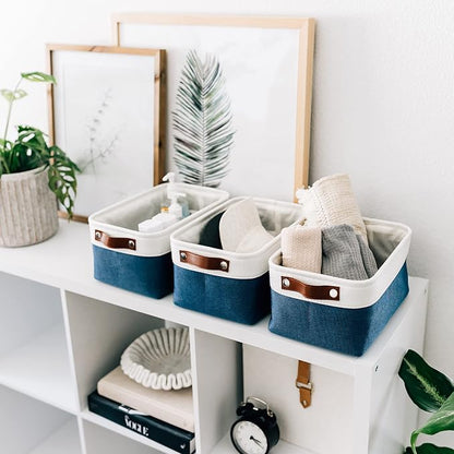 OrganiHaus 12x8in Canvas Storage Baskets 6 Pack | SMALL Fabric Bins for Shelves | Pantry & Bathroom Organizer | Navy Blue/Off-White