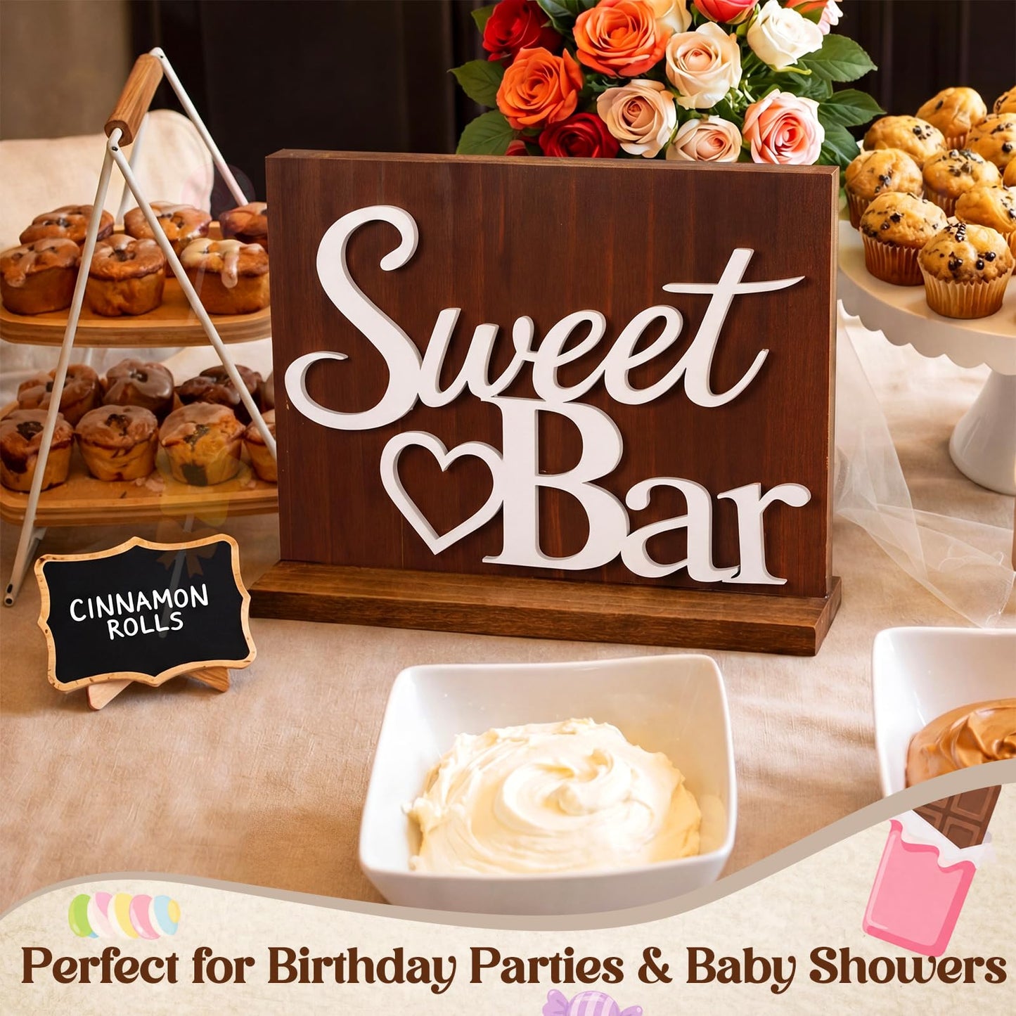 Novabright Sweet Bar Wooden Sign with Rustic Wood Backboard & Stable Base, Freestanding Sweet Candy Bar Dessert Table Decor, Centerpiece with Stand for Wedding, Birthday, Bridal Shower & Party