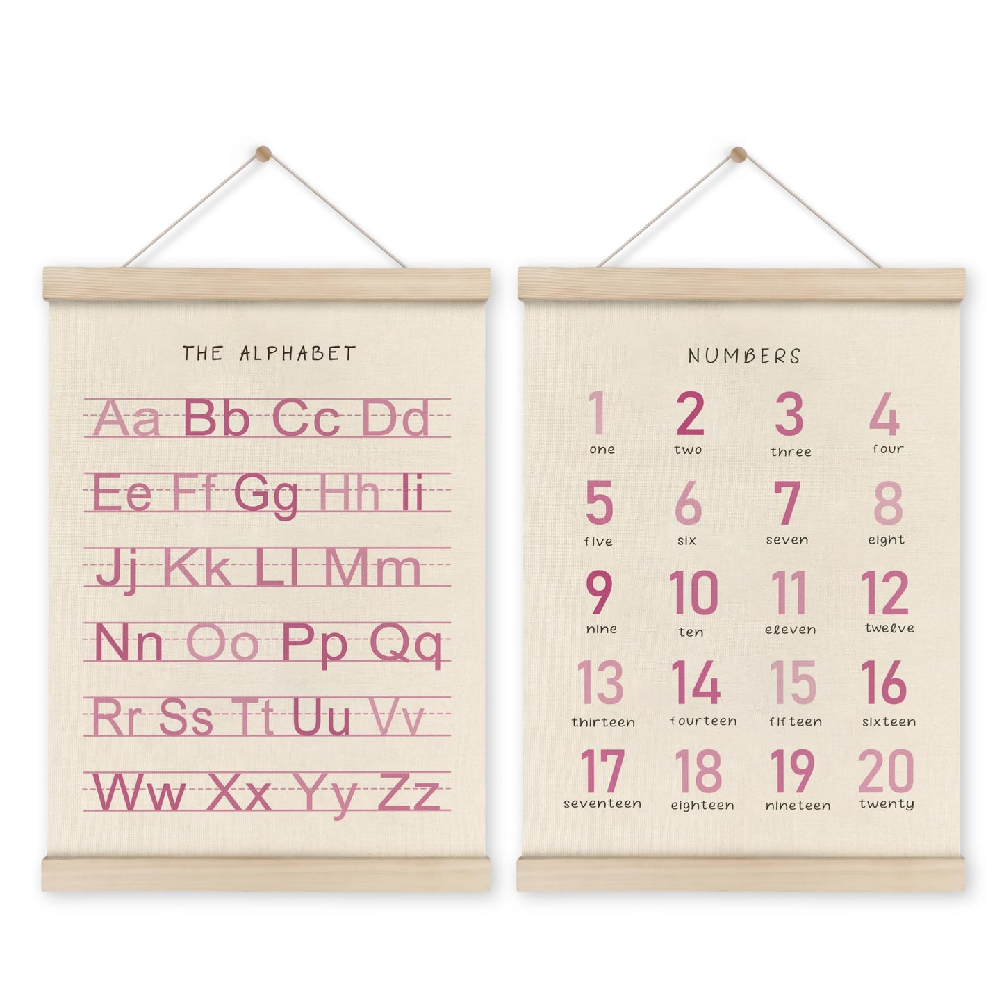 HRQKO Alphabet Numbers Poster Hanger Frame Set of 2, Pink Girls Nursery Wall Decor, ABC Poster Wall Art with Wooden Frames, Pink Alphabet Banner Wall Hanging Decor for Toddler Playroom, 12x16 Inch