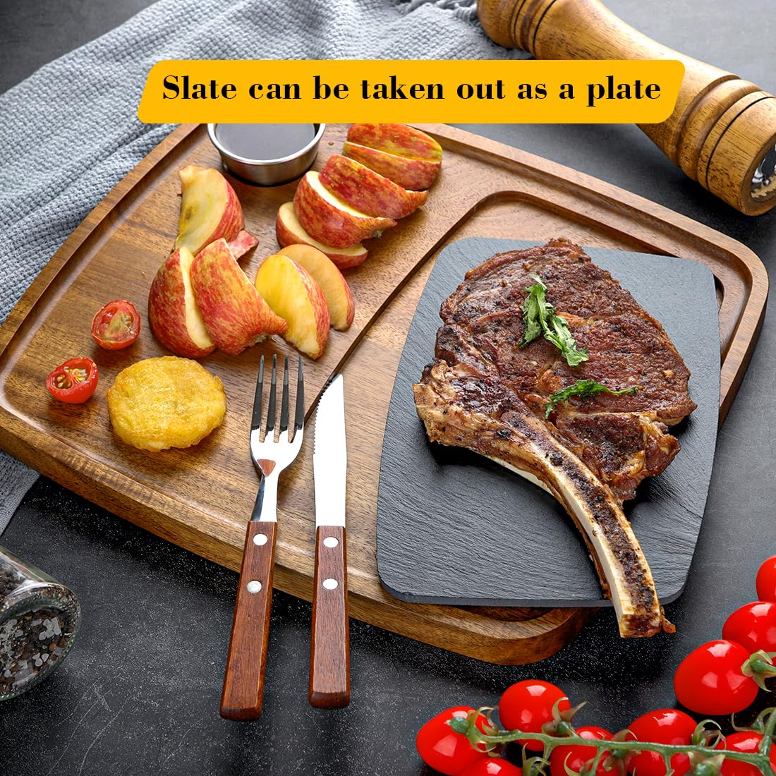 LiWiBet Acacia Wood Serving Plate with Sauce Cup & Removable Slate Insert for Meat Sausages Cheese, Steak Serving Tray Cutting Board Serving Platter Cheese Platter Perfect for Housewarming Christmas
