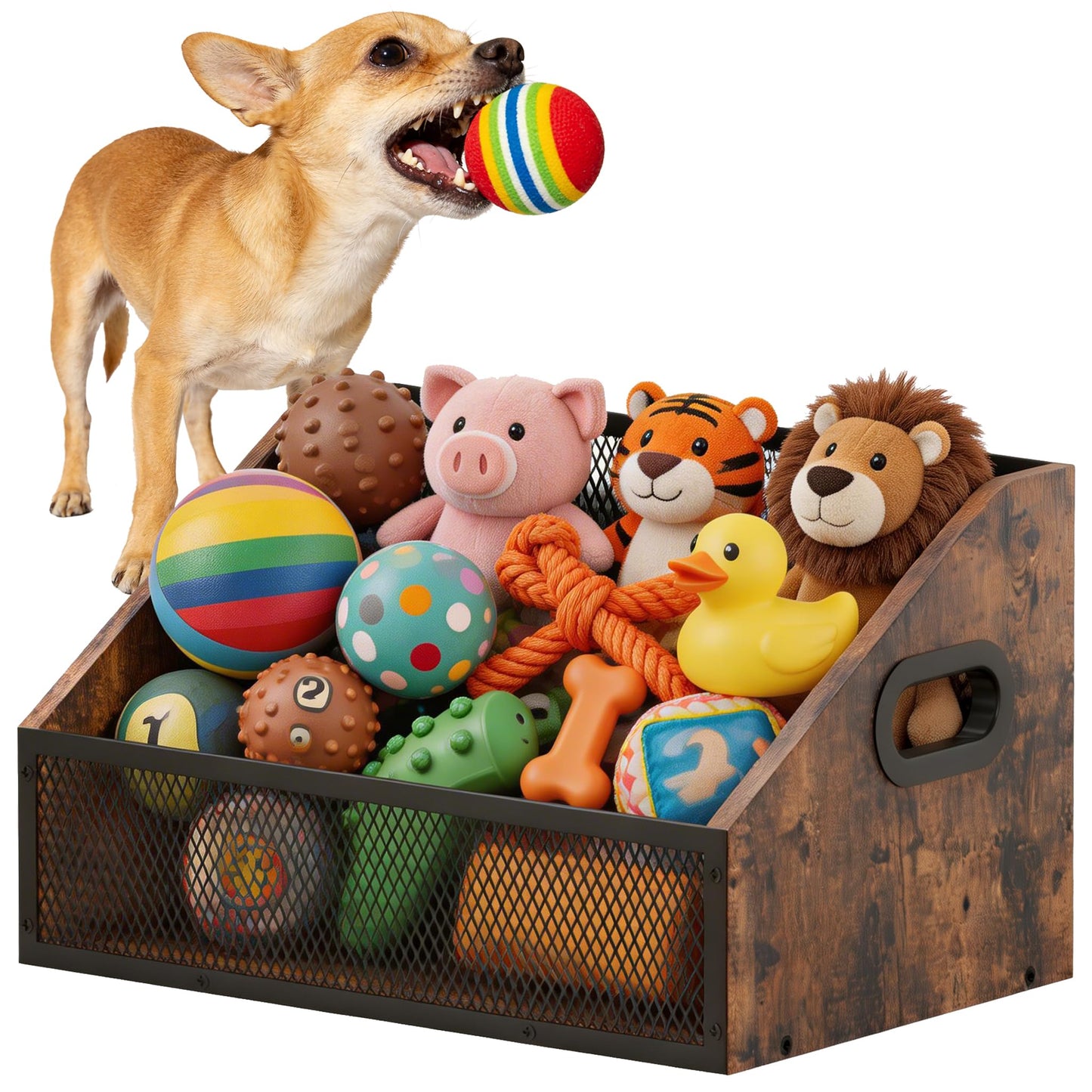 Piskyet Wood Dog Toy Basket,Dogs Storage Organizer,Dog Toy Box,Dogs Toys Bin,Large Cat Toys Basket Box for Living Room Area Wooden Organizing Storage(Rustic Brown)