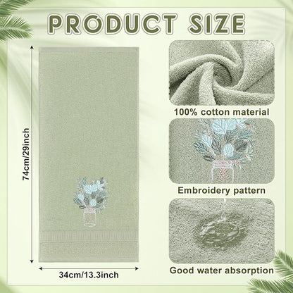 2 Pcs Eucalyptus Hand Towels Gray Green Bathroom Decor 14x29 Inch Embroidered
