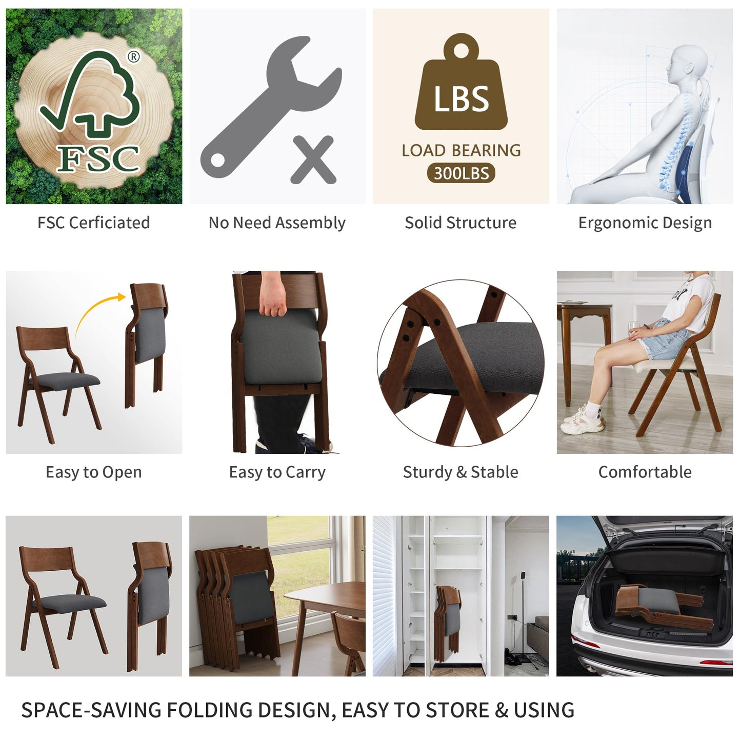 Ball & Cast Upholstered Folding Dining Chairs Set of 2, Foldable Wooden Chair 2-Pack, Portable Office-Chair for Kitchen Outdoor Activity, Easy Carry & Storage, Walnut+Grey