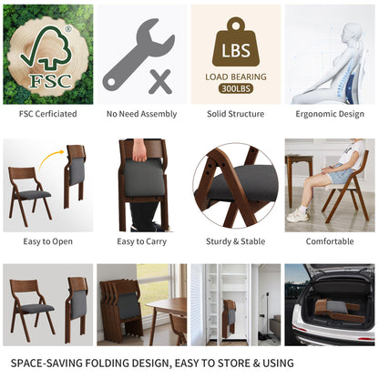 Ball & Cast Upholstered Folding Dining Chairs Set of 2, Foldable Wooden Chair 2-Pack, Portable Office-Chair for Kitchen Outdoor Activity, Easy Carry & Storage, Walnut+Grey