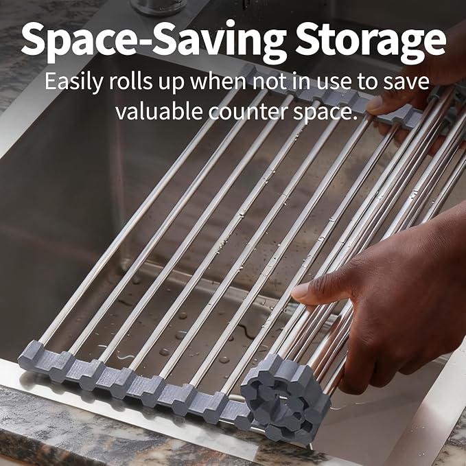 Roll Up Dish Drying Rack for Over Sink -17.5"x11.8" Foldable Stainless Steel Kitchen Drainer，Gray