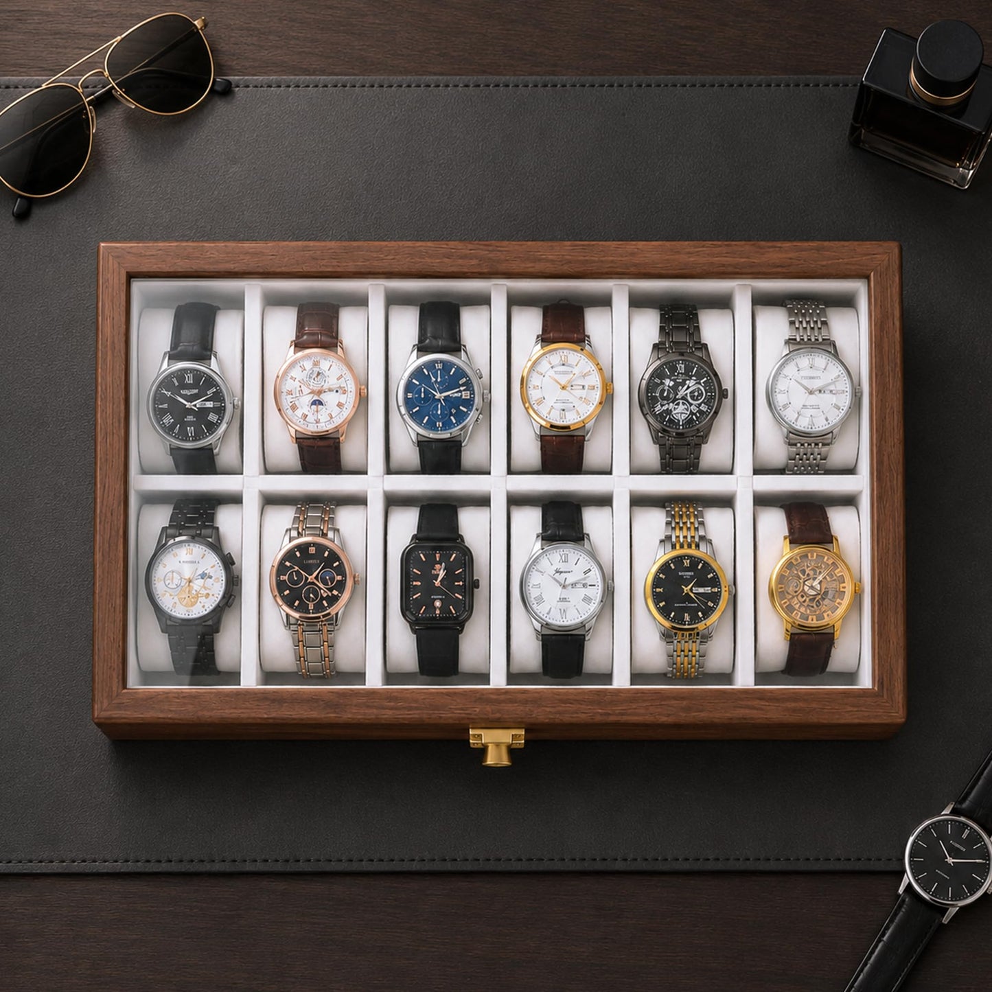 Black Walnut Watch Box for Men, 12 Slot Wooden Watch Organizer with Glass Lid, 2 Layer Watch Display Case with Drawer Jewelry Storage Box, Gift for Husband, Dad, Anniversary, Father’s Day, Women