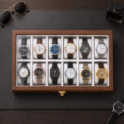 Black Walnut Watch Box for Men, 12 Slot Wooden Watch Organizer with Glass Lid, 2 Layer Watch Display Case with Drawer Jewelry Storage Box, Gift for Husband, Dad, Anniversary, Father’s Day, Women