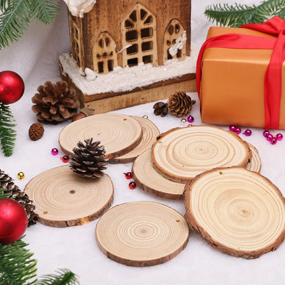 Max Fun Natural Wood Slices 30PCS 3.5-4'' Crafts DIY Wooden Christmas Ornaments Unfinished Predrilled Round Wood Circles for Arts and Crafts Centerpieces Holiday Hanging Decorations