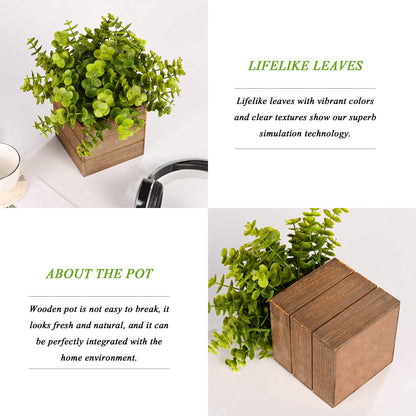 Vlorart Small Fake Plants, 2Pack Mini Potted Artificial Plastic Boxwood Fern Green Decorative Plant in Wooden Potted, Fake Desk Plant for Farmhouse Home Decor Office Bathroom Desk Room Indoor Outdoor