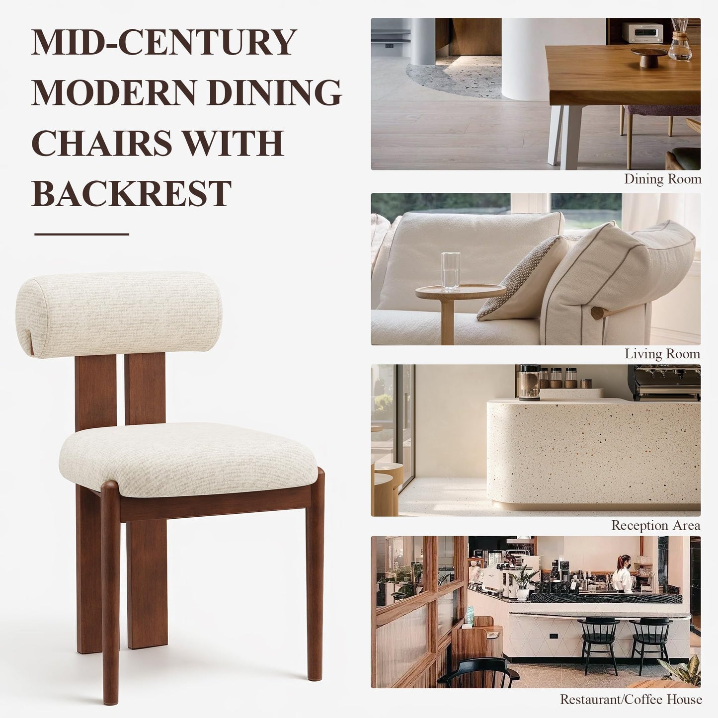 MALOL Modern Wooden Dining Chairs Set of 2, Upholstered Fabric Kitchen Chairs with Sculptural Backrest, Mid-Century Farmhouse Dining Room Chairs with Solid Wood Legs, Beige