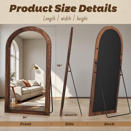 Antok Full Length Mirror with Solid Wood Frame, 76"×34" Wall Mounted Oversized Floor Mirror with Stand, Leaning Standing Hanging for Bedroom Living Room Entryway, Walnut, Arched Syle