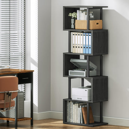 Furologee 6 Tier Bookshelf Tall Geometric Bookcase, S Shaped Industrial Display Standing Shelf, Metal and Wood Decorative Storage Room Divider Rack for Bedroom, Living Room, Office, Light Black Oak