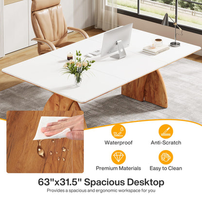 Tribesigns 63-Inch Executive Desk, Large Office Computer Desk with Heavy Duty Legs, Simple Laptop Desk Study Writing Table Business Furniture for Home Office (White and Brown)