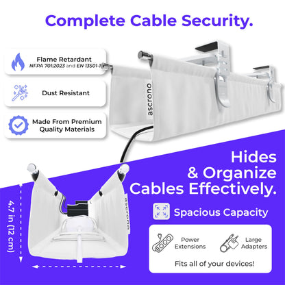 Ascrono Original No Drill Under Desk Cable Management Tray 53.9" - Premium White Fabric Cable Management Under Desk - Clamp/Screw Mount Cord Organizer - Supports Upto 66lbs - Extra Large