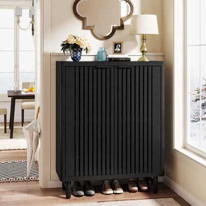 Tribesigns 6-Tier Shoe Cabinet with Louvered Doors, Large Wooden Shoe Storage Cabinet with Adjustable Shelves, Modern Freestanding Shoe Organizer Cabinet for Entryway, Hallway (Black)